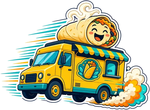 Cartoon yellow food truck speeding along with a giant smiling burrito on the roof.