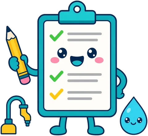 Cartoon clipboard with a happy face, holding a pencil next to a checklist with three check marks.