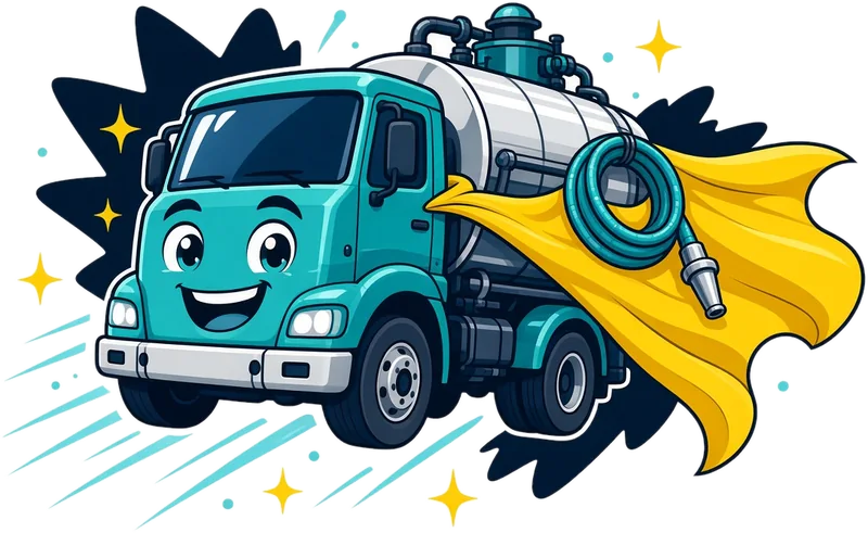 Cartoon pump truck wearing a yellow superhero cape, flying with a hose coiled at its side.