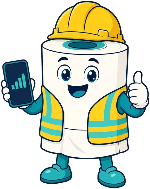 Cartoon toilet paper roll in a hard hat and safety vest, holding a phone and giving a thumbs up.