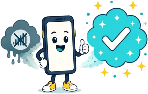 Cartoon phone giving a thumbs up between a gray no-signal cloud and a bright cloud with a check mark.