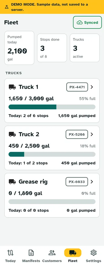 Outfall Fleet screen in demo mode: gallons pumped today, stops done, and three trucks with their loads, tank capacity and percent full.