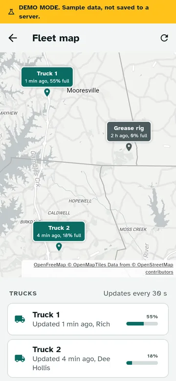 Outfall fleet map in demo mode: three trucks on a map with how long ago each one updated and how full its tank is.