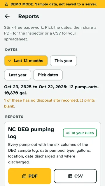 Outfall reports screen with date range buttons and PDF and CSV export for the NC DEQ pumping log.