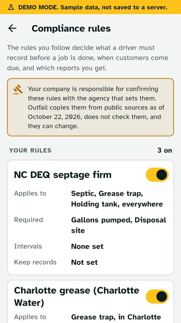 Outfall compliance rules screen with the NC DEQ septage firm and Charlotte grease presets turned on.
