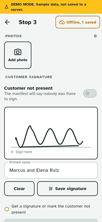 Outfall job screen with a photo button and a customer signature box.