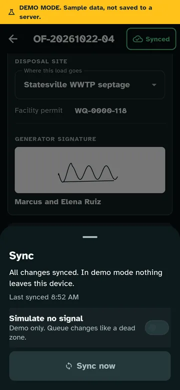 Outfall sync sheet in night theme showing all changes synced.